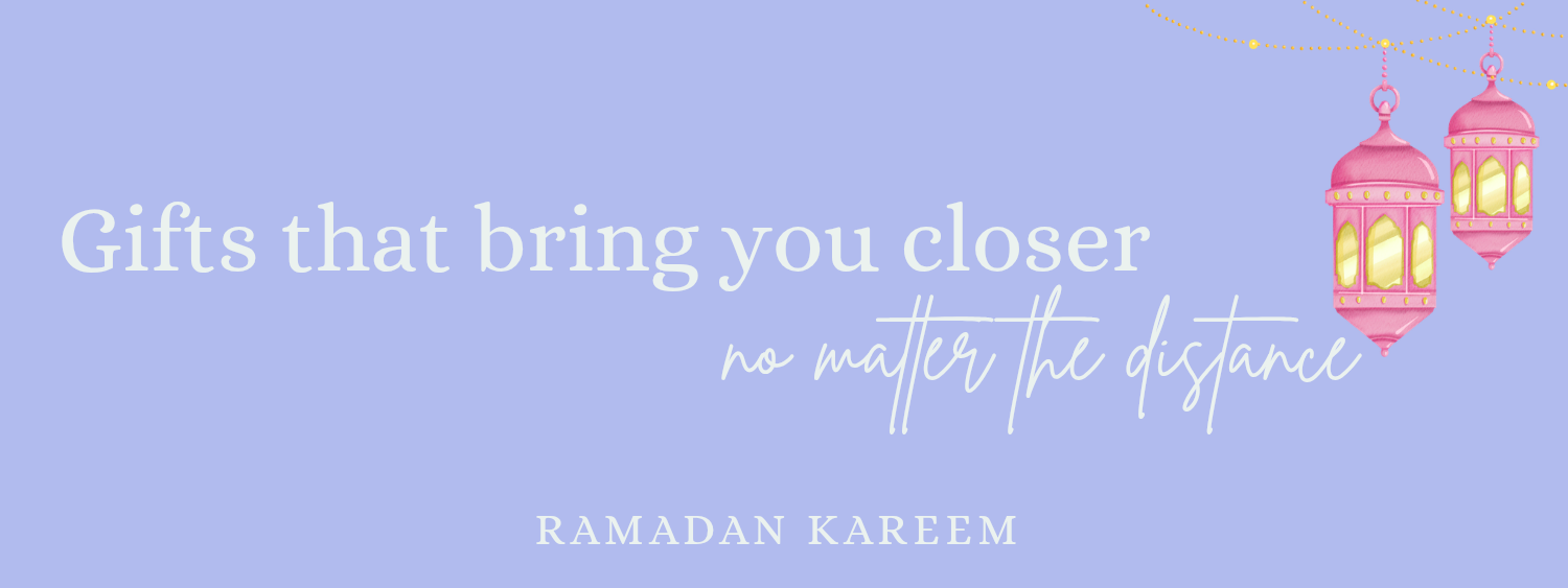 Promotional banner with pink lanterns and text on a light blue background, featuring Ramadan Kareem wishes.