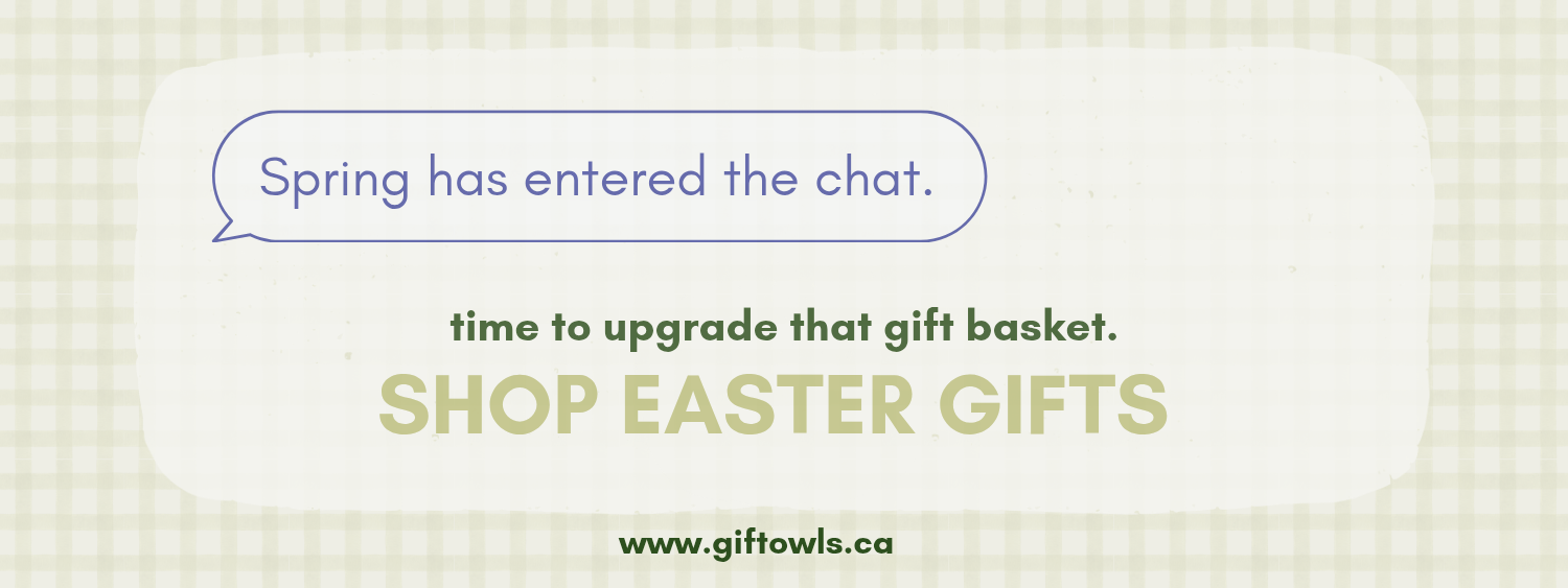 Promotional banner for Easter gifts with text and a website URL on a light background.
